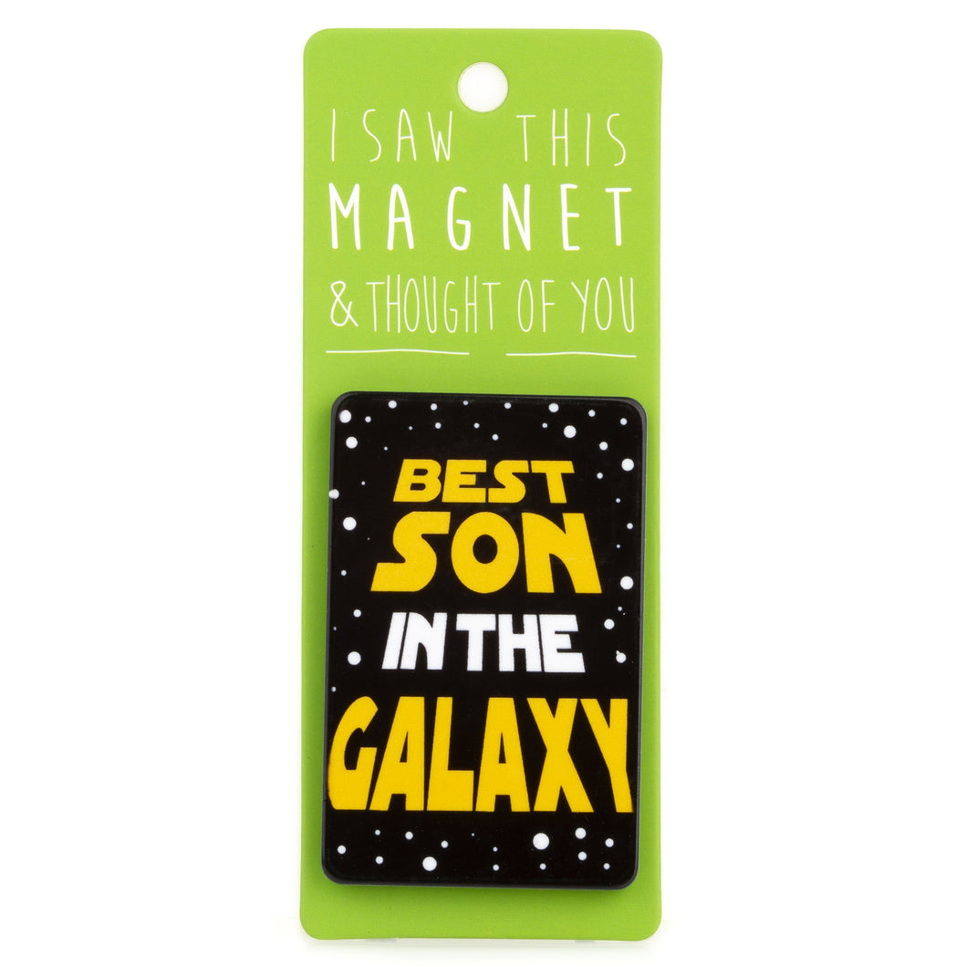 A fridge magnet saying 'Best Son in The Galaxy'