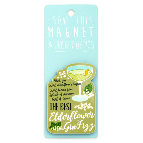 A fridge magnet saying 'Elderflower Gin Fizz'