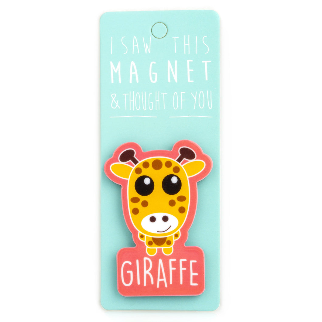 A fridge magnet saying 'Giraffe'