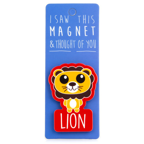 A fridge magnet saying 'Lion'