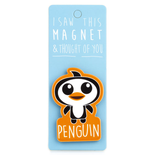 A fridge magnet saying 'Penguin'