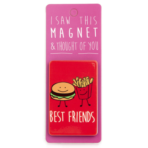 A fridge magnet saying 'Burger & Fries'