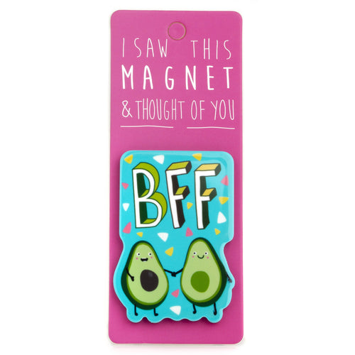 A fridge magnet saying 'BFF Avocado'