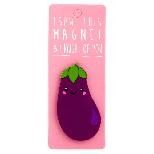 A fridge magnet saying 'Aubergine'