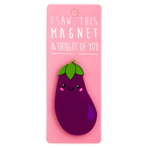 A fridge magnet saying 'Aubergine'