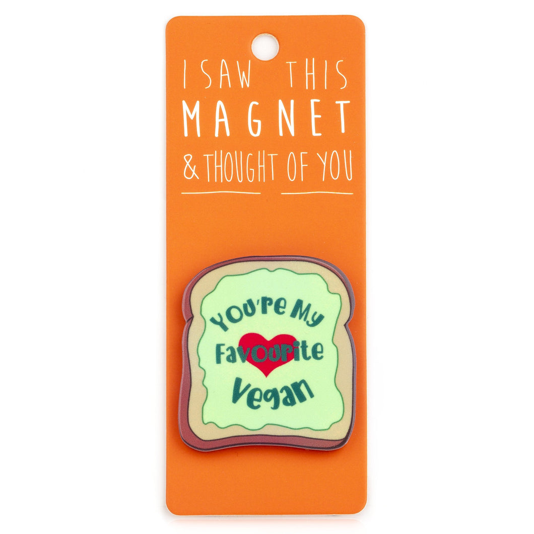 A fridge magnet saying 'Favourite Vegan'