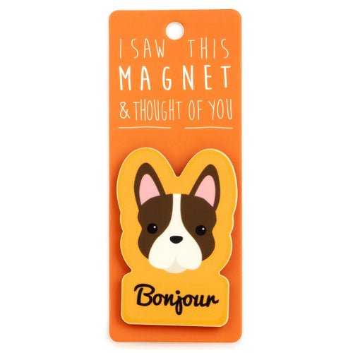 A fridge magnet saying 'Bonjour'