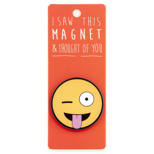 A fridge magnet saying 'Tongue Out Emoji'