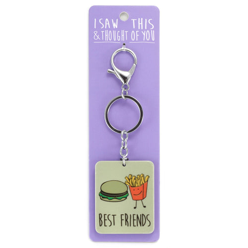 A KEYRING SAYING 'BF BURGER & CHIPS'