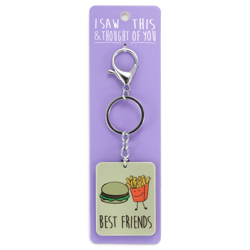 A KEYRING SAYING 'BF BURGER & CHIPS'